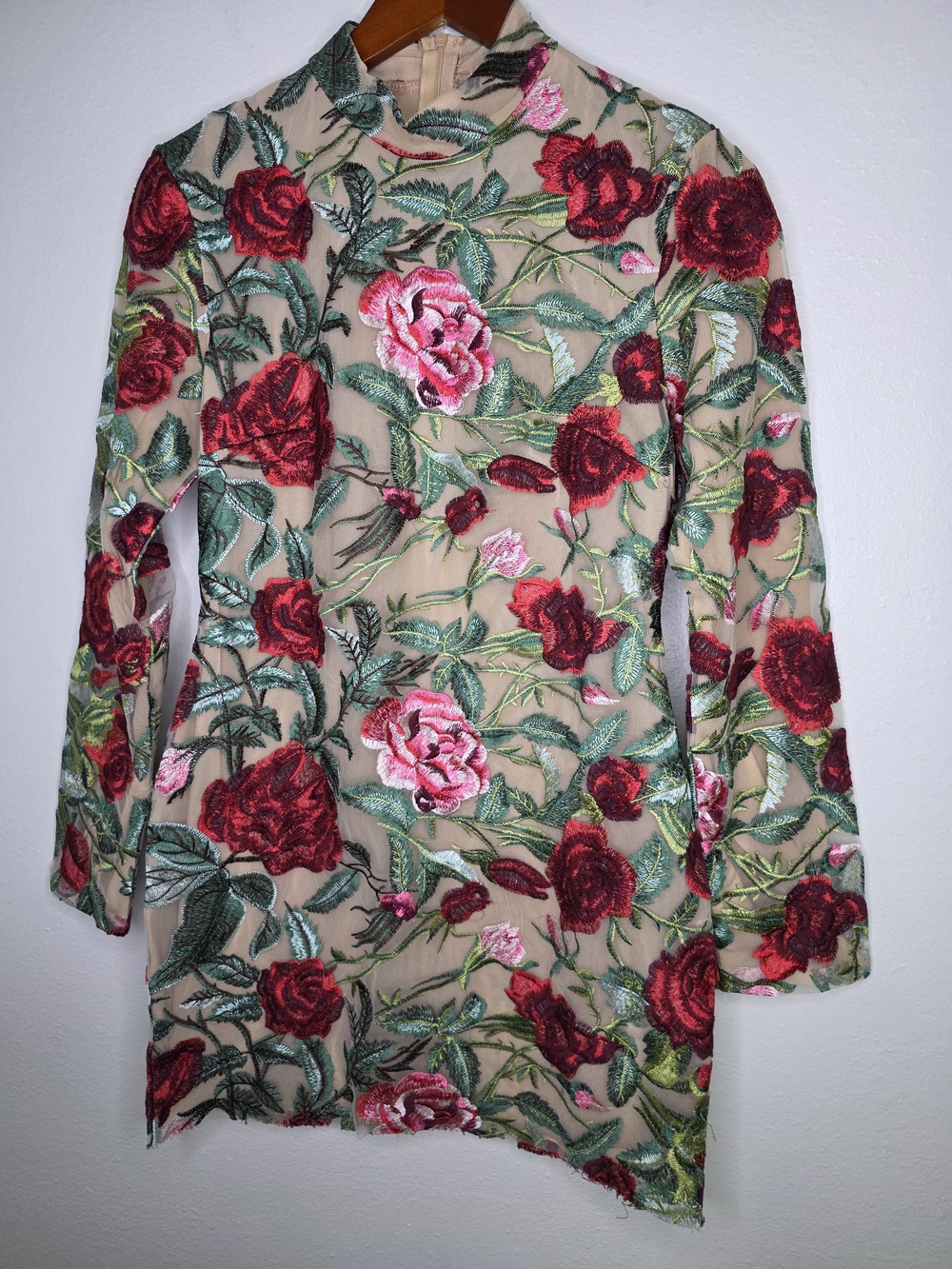 Embroidered Rose Mesh Mock Neck Micro Mini Dress Sheer Long Sleeve Whimsygoth M